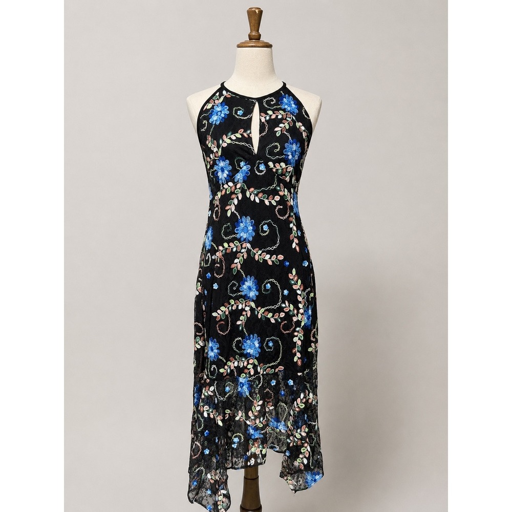 Venus Floral Embroidered Lace Halter Midi Dress Size 14 Y2K Whimsygoth Fairycore